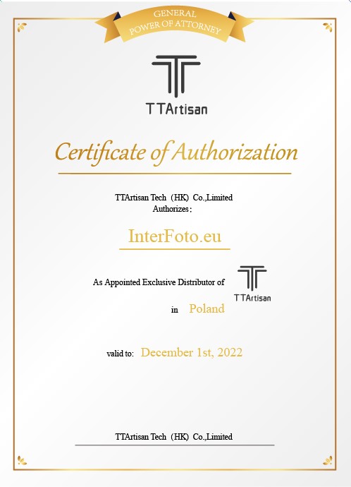 Certyfikat oficjalnego wyłacznego dystrybutora marki TTArtisan w Polsce